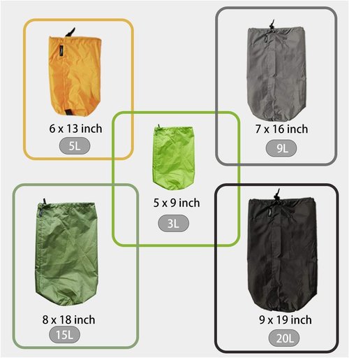 Frelaxy Ultralight Stuff Sack Set - 5-Pack (3L, 5L, 9L, 15L, 20L) with Dust Flap | Perfect for Travel & Hiking