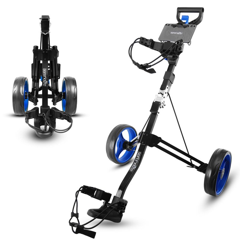 SereneLife Golf Push Pull Cart with Deluxe Scorecard Holder, Adjustable Handle, Upper & Lower Strap Brackets, Lightweight Foldable Design with Quick Brake & Compact Folding