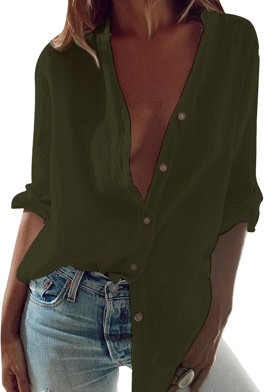 Skiennix Women's Cotton Button-Down Tunic Top - Casual Half Sleeve V-Neck Shirt for Summer