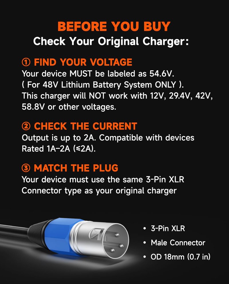 YZPOWER 54.6V 2A Electric Bike Charger, 48V Lithium Battery Charger with Turbo Cooling Fan & Overheat Protection | Fast Charging Power Adapter for E-Bike/Scooter | 3-Pin XLR Connector