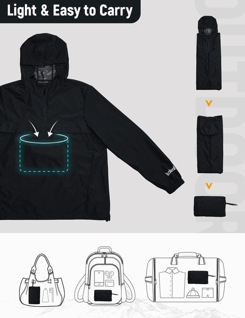 baleaf Men's Rain Jacket Packable Waterproof Golf Windbreaker Hiking Gear Hood Running Raincoat Reflective Black L