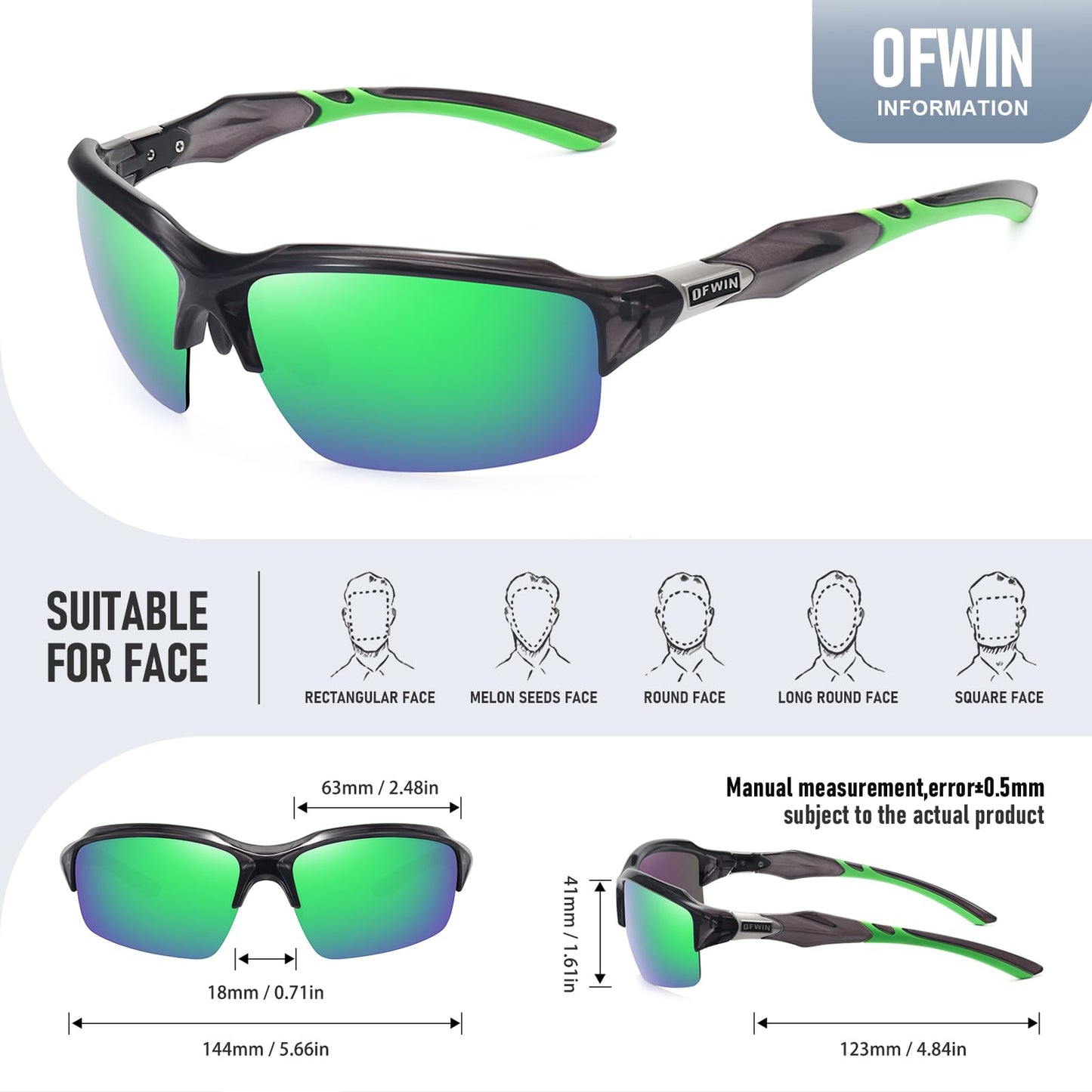 Ofwin Polarized Sports Sunglasses for Men Women Wrap Around Half Frame Cycling Fishing Bike Running Sun Glasses UV Protection White Frame/Blue Mirror Lens