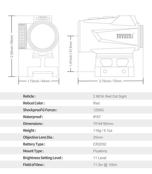 Feyachi Red Dot Sight, 2 MOA AR Optics, 25mm Wide View, 11 Brightness Levels, Motion Wake, 50K Hours Battery, IPX7 Waterproof for 21mm Picatinny/Weaver Rail
