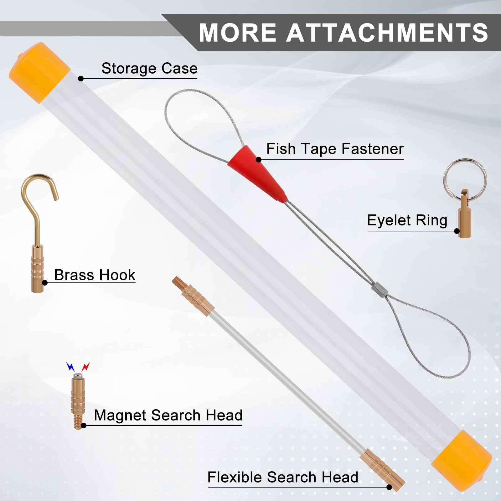 Boeray 22FT Fiberglass Running Electrical Wire Cable Pulling Fish Tape kit in a Carrying Case Through Wall Cable Snake Rods Electrical Tools Kit with Different Attachments