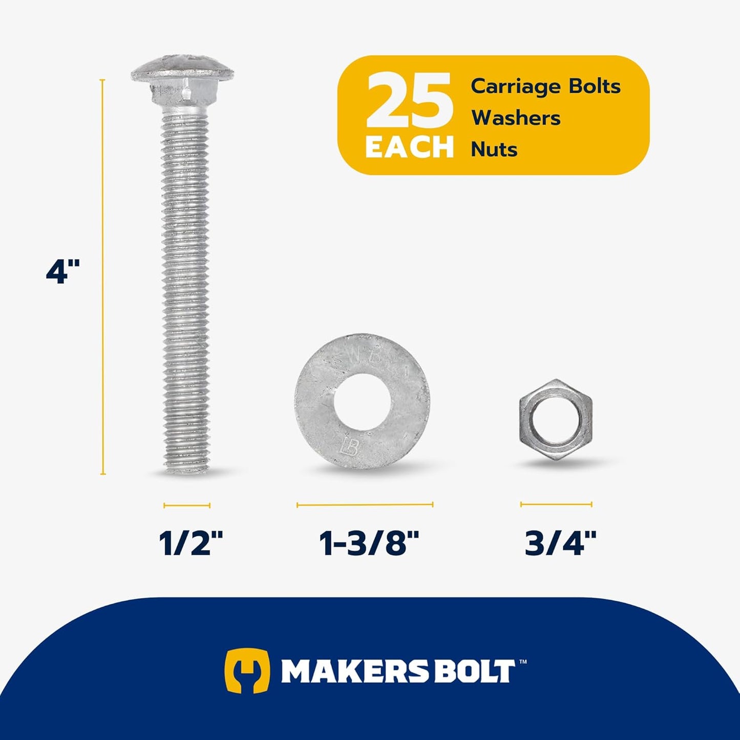 Galvanized Carriage Bolt Kit - 25 Pack 1/2" x 6" with Washers & Hex Nuts for Outdoor Use