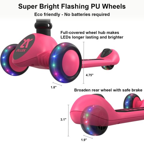 Allek Kick Scooter Foldable F02, 3-Wheel LED Flashing Glider and 4 Adjustable Height with Anti-Slip Thick Deck Push Scooter for Children 3-12yrs (Pink)