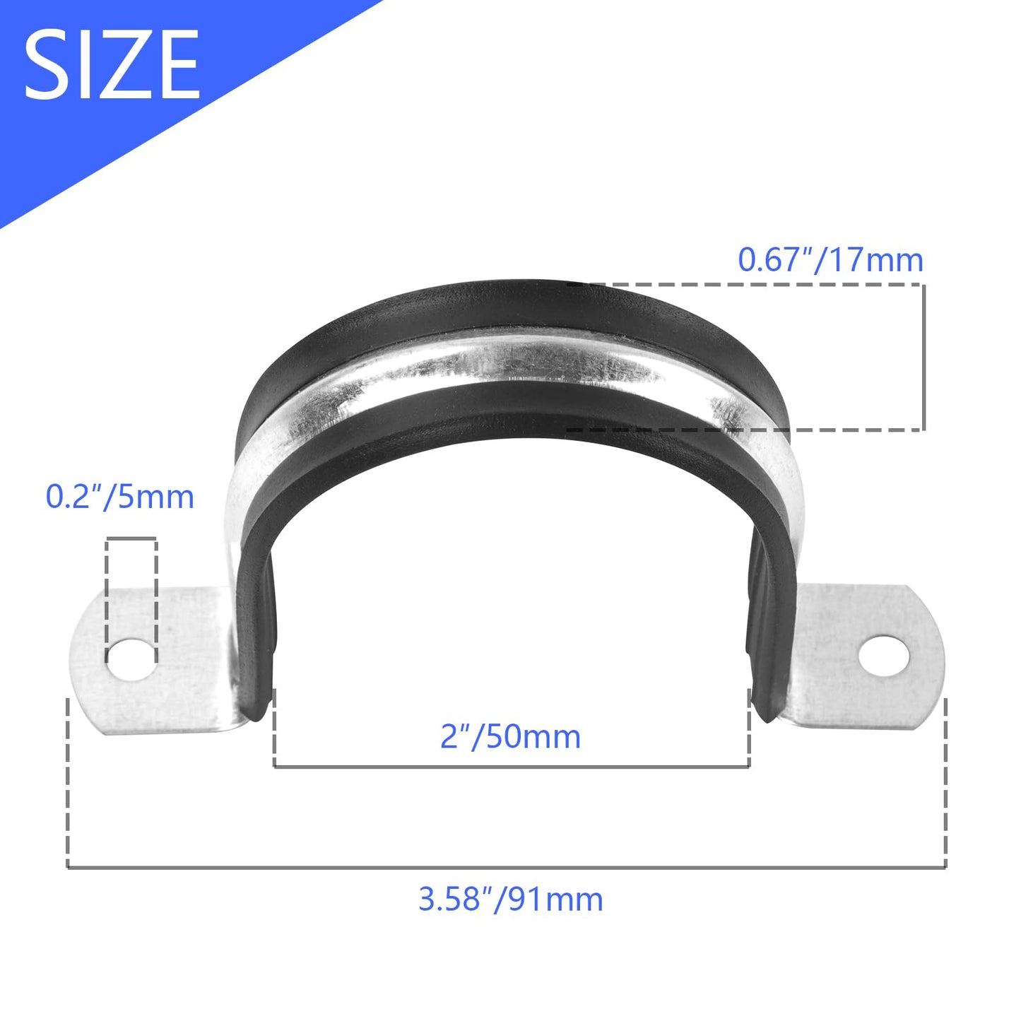 JDHGSHL 2 Inch Reinforced Rigid Pipe Strap, 2 Holes U Bracket Cable Clamp Hanger, Rubber Cushioned Insulated Clamp, Conduits Strap Clamps for Pipe Fixing on Various Surfaces, 10 PCS(50 mm)
