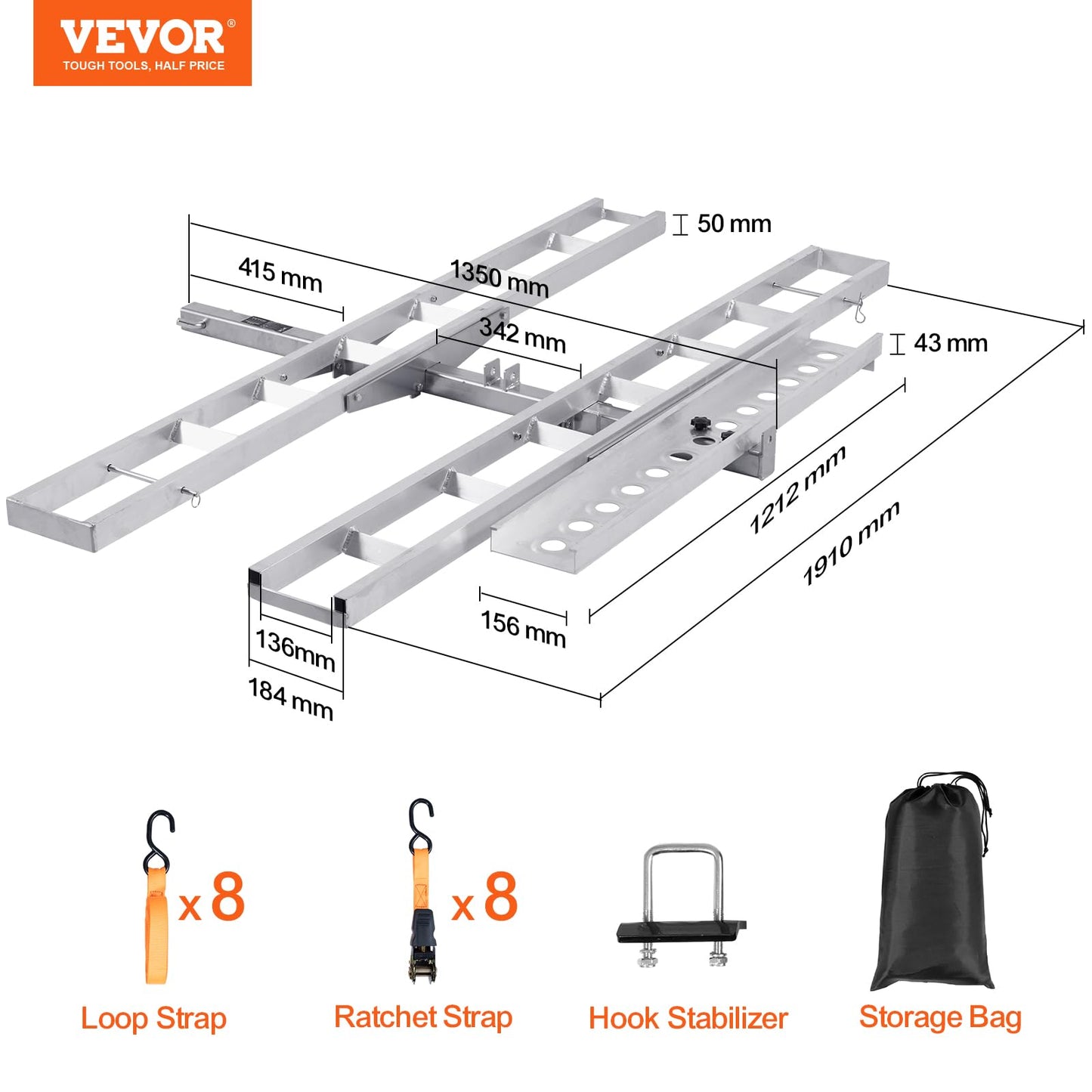 VEVOR Motorcycle Carrier, 2-Bike 600 LBS Aluminum Motorcycle Carrier Hitch Mount, Loading Ramp, Scooter Dirt Bike Trailer Hauler, Ratchet Straps and Stabilizer, for Car, Truck with 2" Hitch Receiver