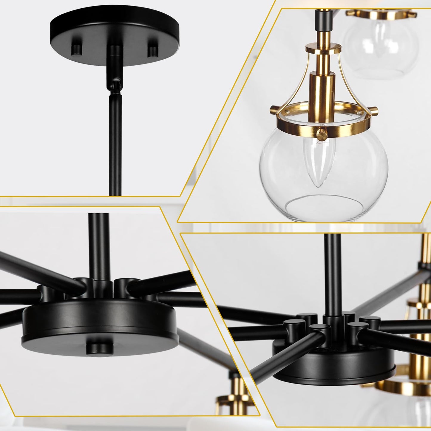 Obihivlo 6-Light Black Gold Bubble Chandelier Brass Antique Glass Globes, Mid Century Modern Pendant Lighting Fixture for Dining Room, Kitchen, Living Room, Bedroom, D27.6 x H71.5 Adjustable Height