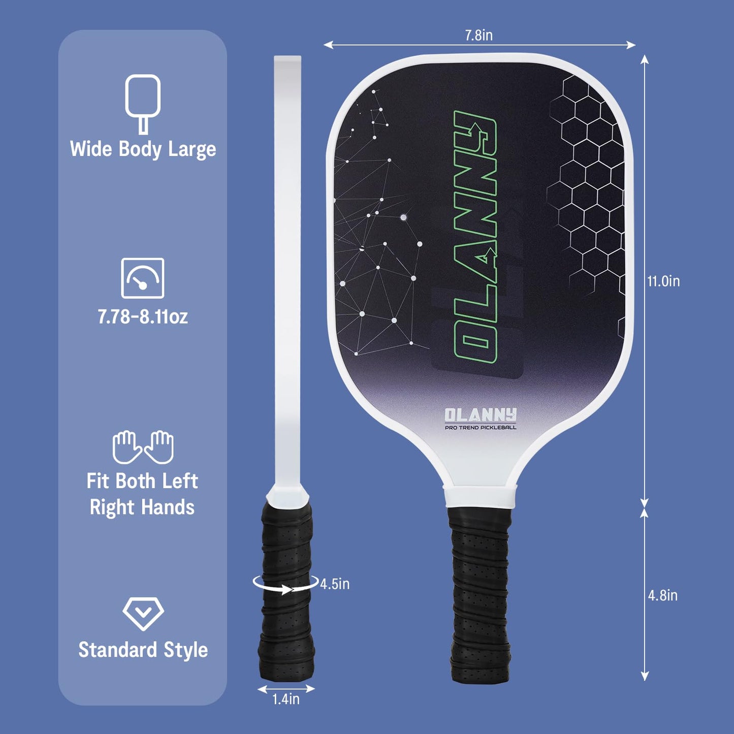 OLANNY Pickleball Paddles - Premium Rackets Face & Polymer Honeycomb Core Includes 4 Pickleball Paddles+ 2 Indoor Balls+ 2 Outdoor Balls+ 1 Portable Carry Bag