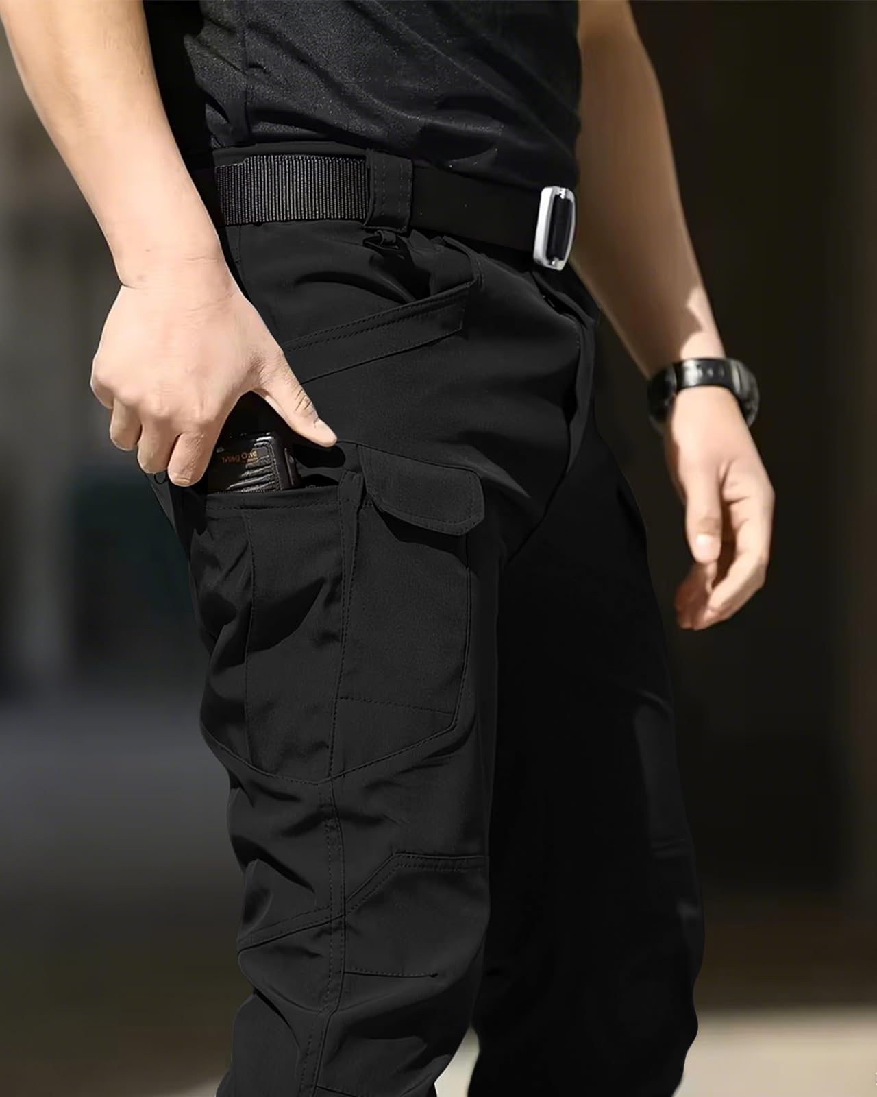 LRYXXX Men's Tactical Pants Stretch Waterproof Fabric Durable Cargo Pants for Hiking Casual Work Multi Pockets (No Belt),Black