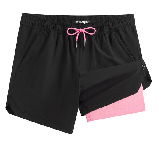maamgic Mens Swim Trunks 5" with Compression Liner Stretch Quick Dry Swim Shorts Swimming Trunks Bathing Suits Black and Pink Medium
