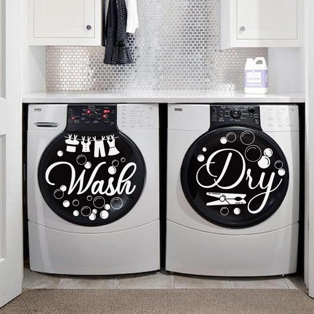 SUPERDANT Laundry Room Wall Stickers Wash and Dry Vinyl Wall Decals Washing Machine Art Wash Room DIY Decoration Hang Out to Dry Print for Washing Machine Laundry Rooms Decor White