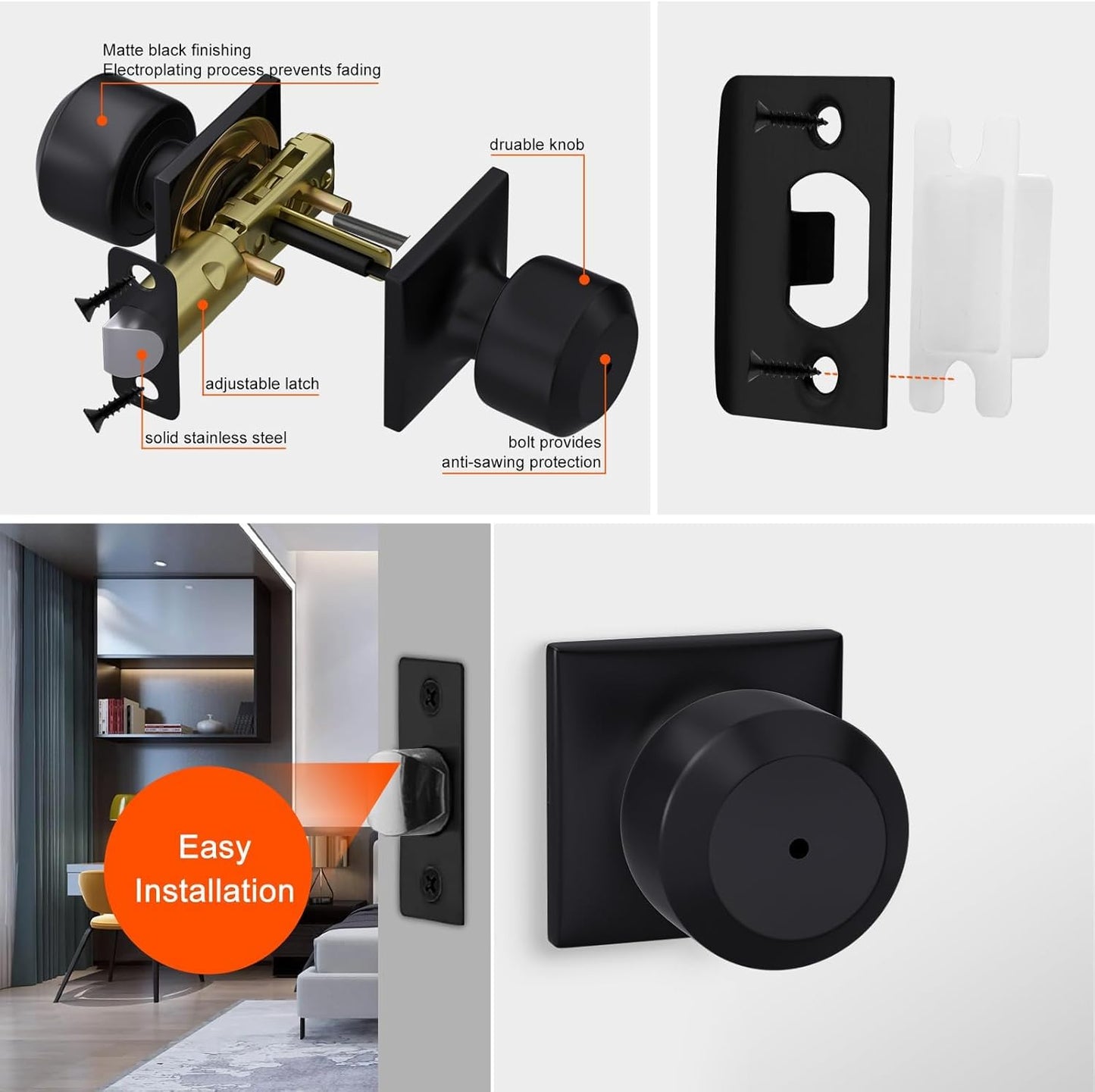 Haidms 8 Pack Black Door Knobs Interior, Privacy Door Knob for Bedroom Bathroom, Matte Black Modern keyless Doorknobs with Square