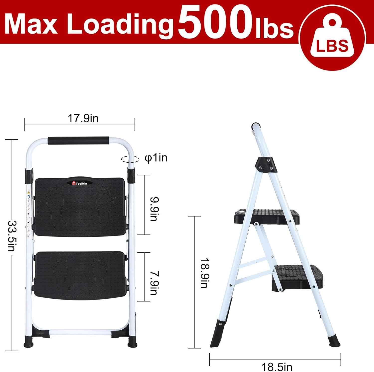 Portable 3-Step Folding Ladder - Sturdy Steel Step Stool with Anti-Slip Pedal & Handgrip, 500lbs Capacity for Home & Office