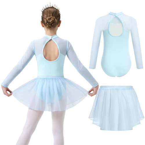 Gogokids Ballet Leotards for Girls Long Sleve Lace Dance Leotards Toddler Dance Dress with Removable Skirt Combo for 3-12 Years