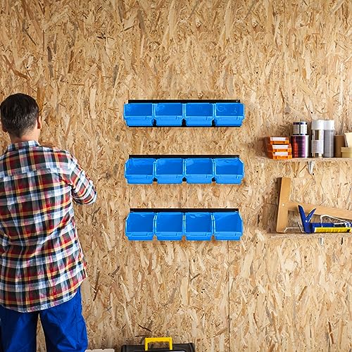 Ultrawall Wall Mounted Storage Bins, Plastic Hanging Storage Organizer Bins, Garage Tool Storage System for Screws, Nuts, Bolts, Nails, and Small Hardware Parts, 12x bins & 3 x rails, Blue