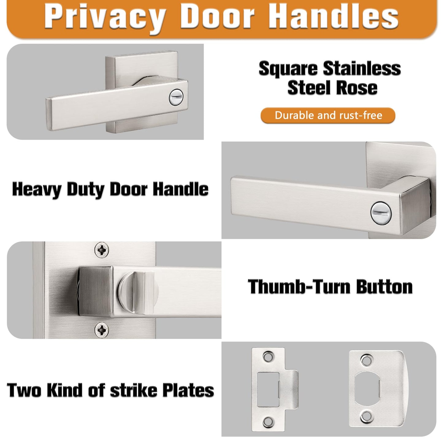 Probrico Interior Brushed Nickel Door Handle, Heavy Duty, Flat Square Privacy Door Handles, Keyless Door Levers Lockset for Bedroom and Bathroom (4 Pack, Modern)