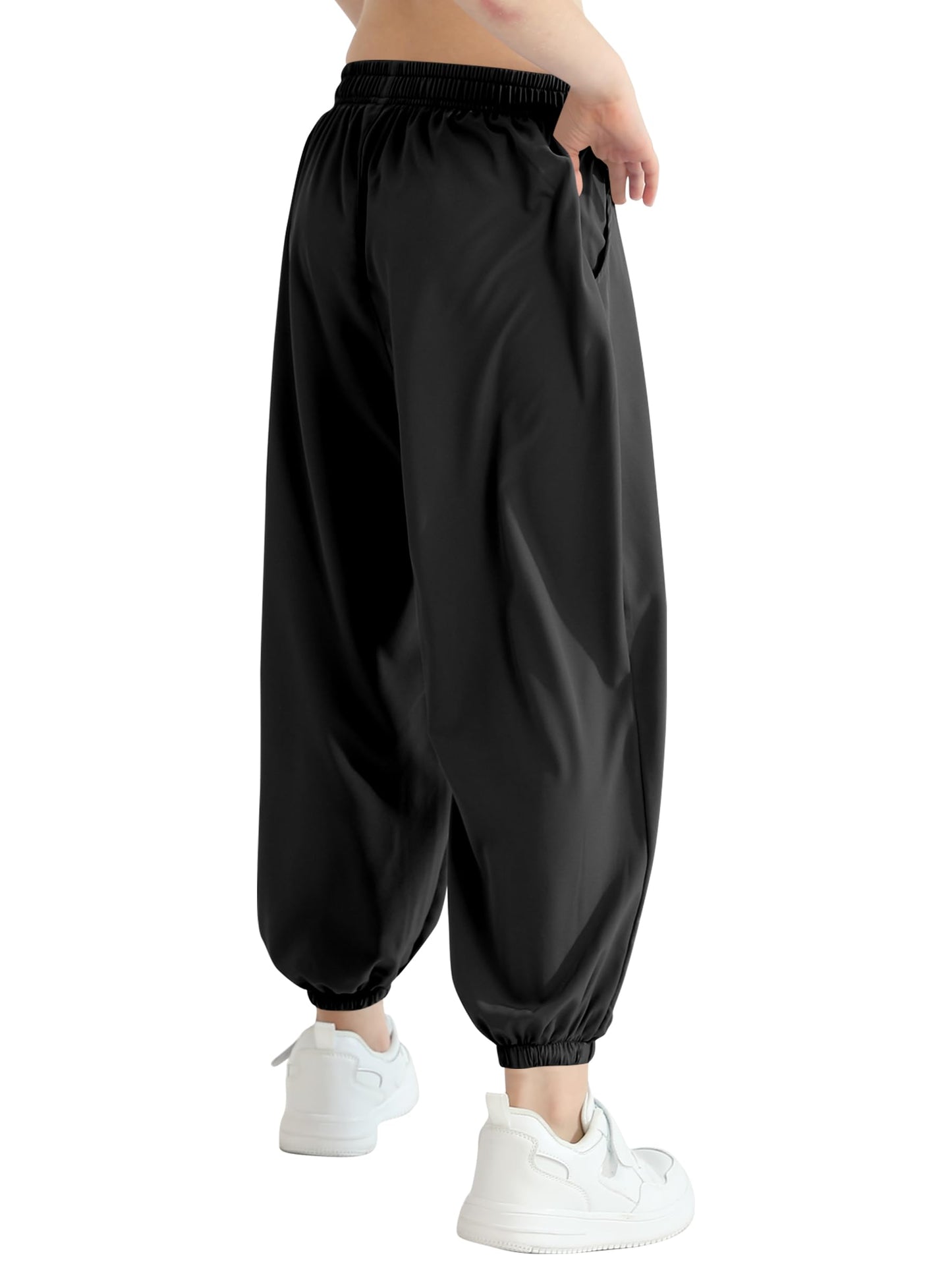 QBK 3T-14Years Girls Summer Lightweight Baggy Joggers with Pockets,Wide Leg Sweatpants Cinched Bottom Hip Hop Dance Pants(Black 7-8Years)
