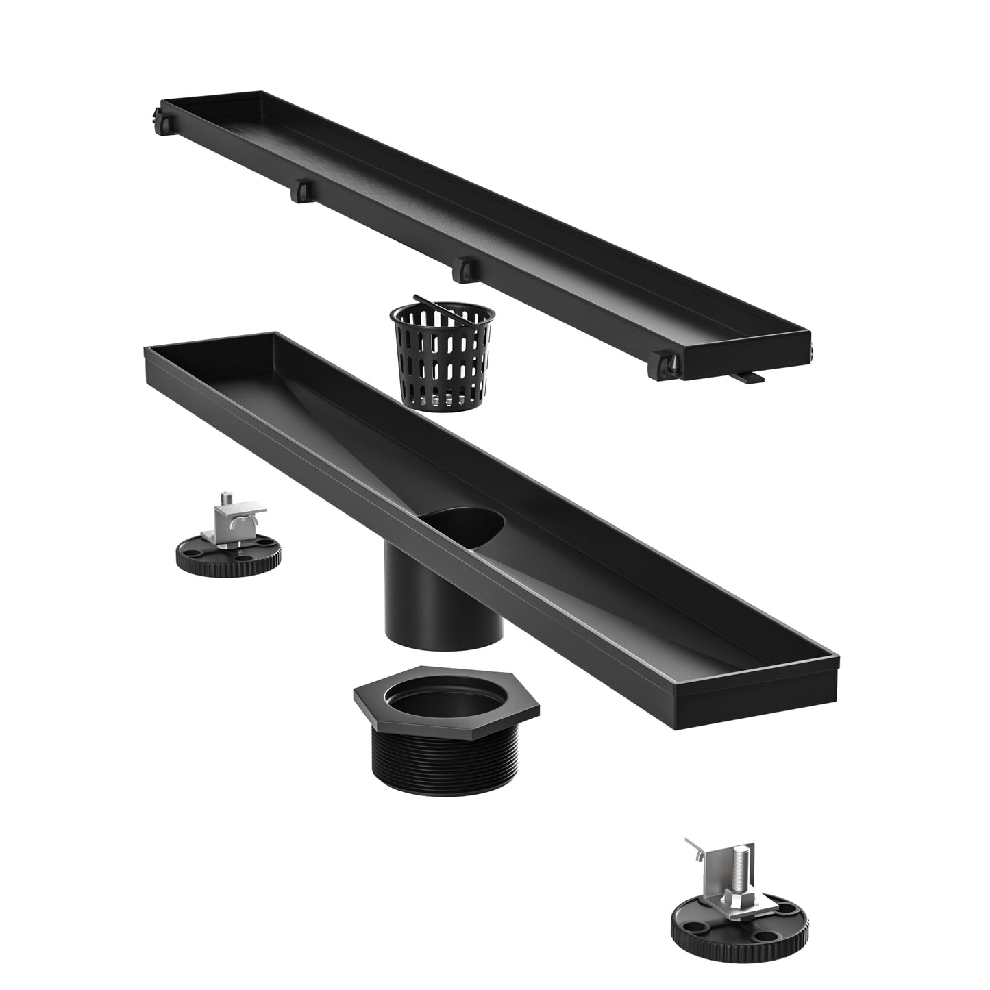 Bochni Linear Shower Drain 24" Matte Black 304 Stainless Steel | Fast Drainage | Tile Inserted | Stainless Floor Drain Grate | Hair Strainer | Drain Key | The Upgrade for Your Bathroom