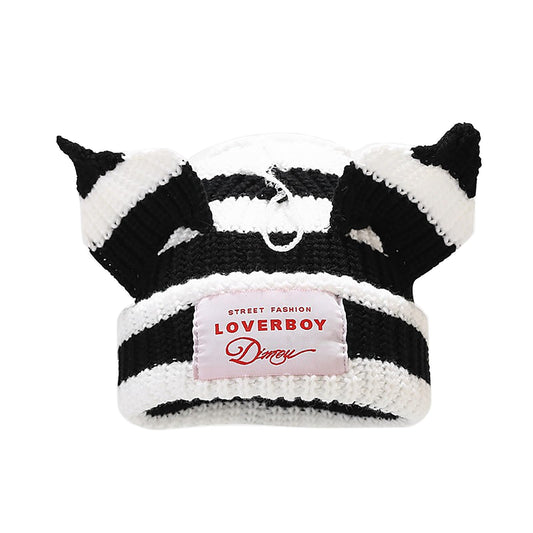 Striped Cat Ear Hat Cute Beanie Hat Knit Cap Warm Skull Cap Crochet Hat for Men and Women (Black White)