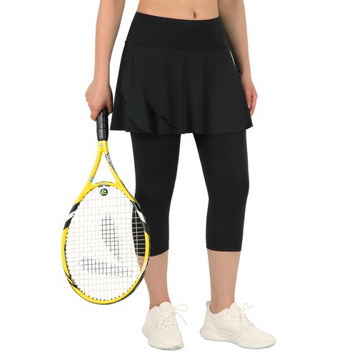 ANIVIVO Skirted Leggings for Women with Pockets, Tennis Yoga Golf Pickleball Skirt with Capris Leggings(All-Black,M-Huan)