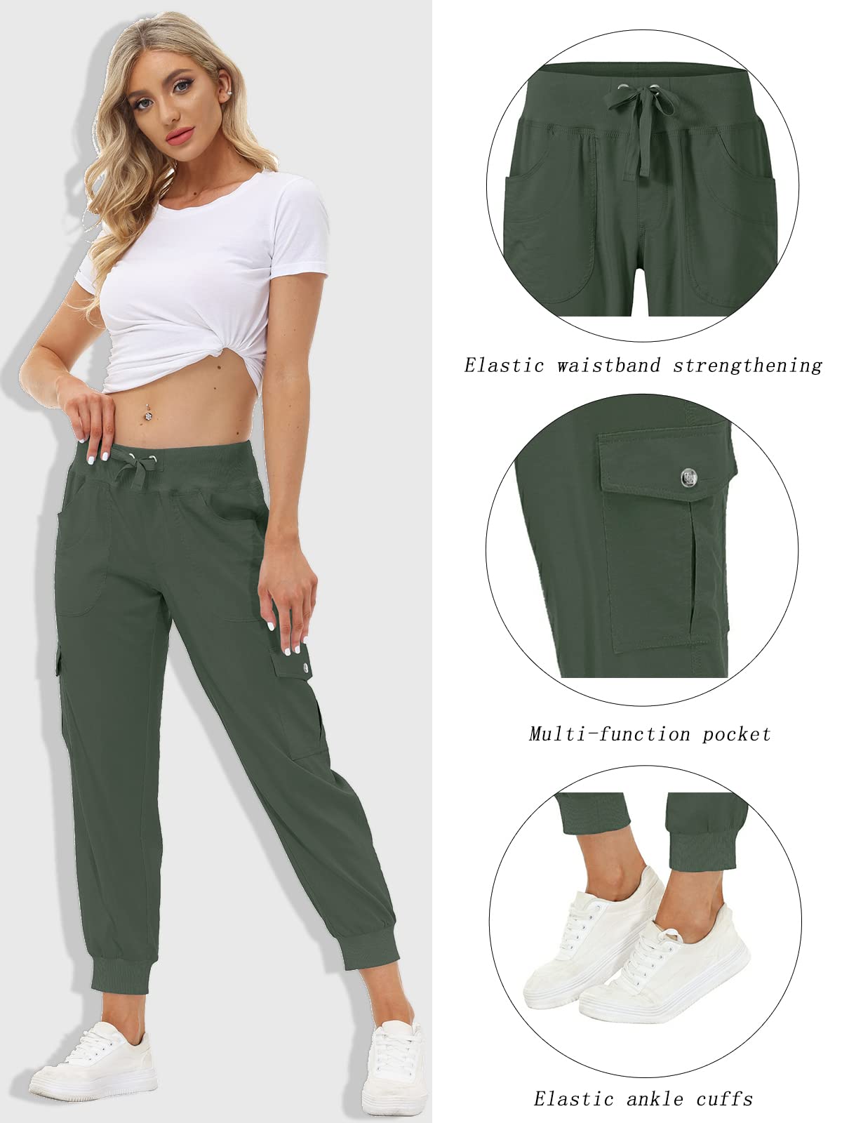 MoFiz Women's Hiking Pants Cargo Joggers Sweatpants with Pockets Lightweight Quick Dry Outdoor Summer Casual Athletic Elastic Waist Army Green 3XL
