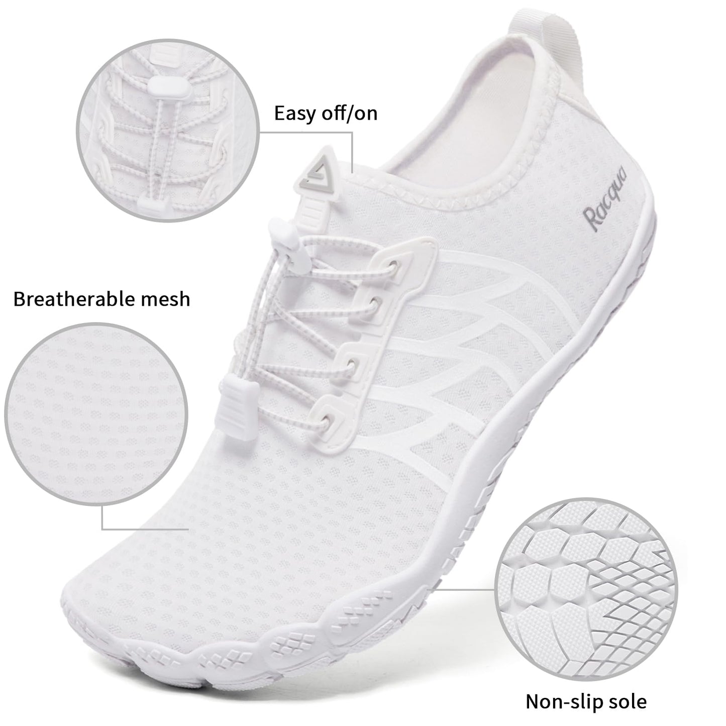 Racqua Water Shoes Lightweight Aqua Shoes Quick-Dry Breathable Swim Shoes Beach Barefoot Outdoor for Women White 9 Women/8 Men