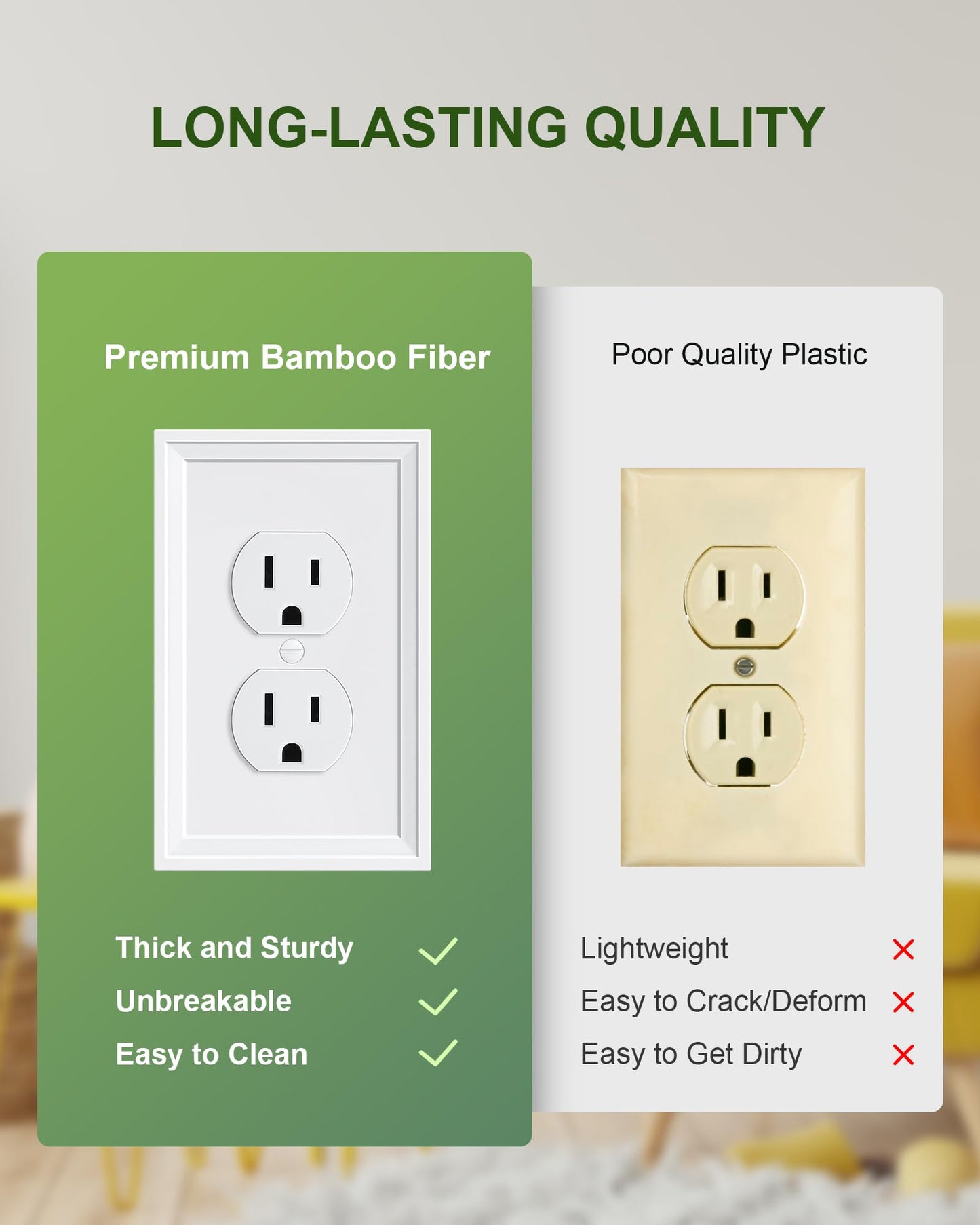 TREEWELL 2-Pack Duplex Outlet Cover, Natural Bamboo Fiber Switch Plates and Outlet Covers, White Decorative Wall Plates for Electrical Outlets, 1 Gang Receptacle Cover, Corrosion Resistant