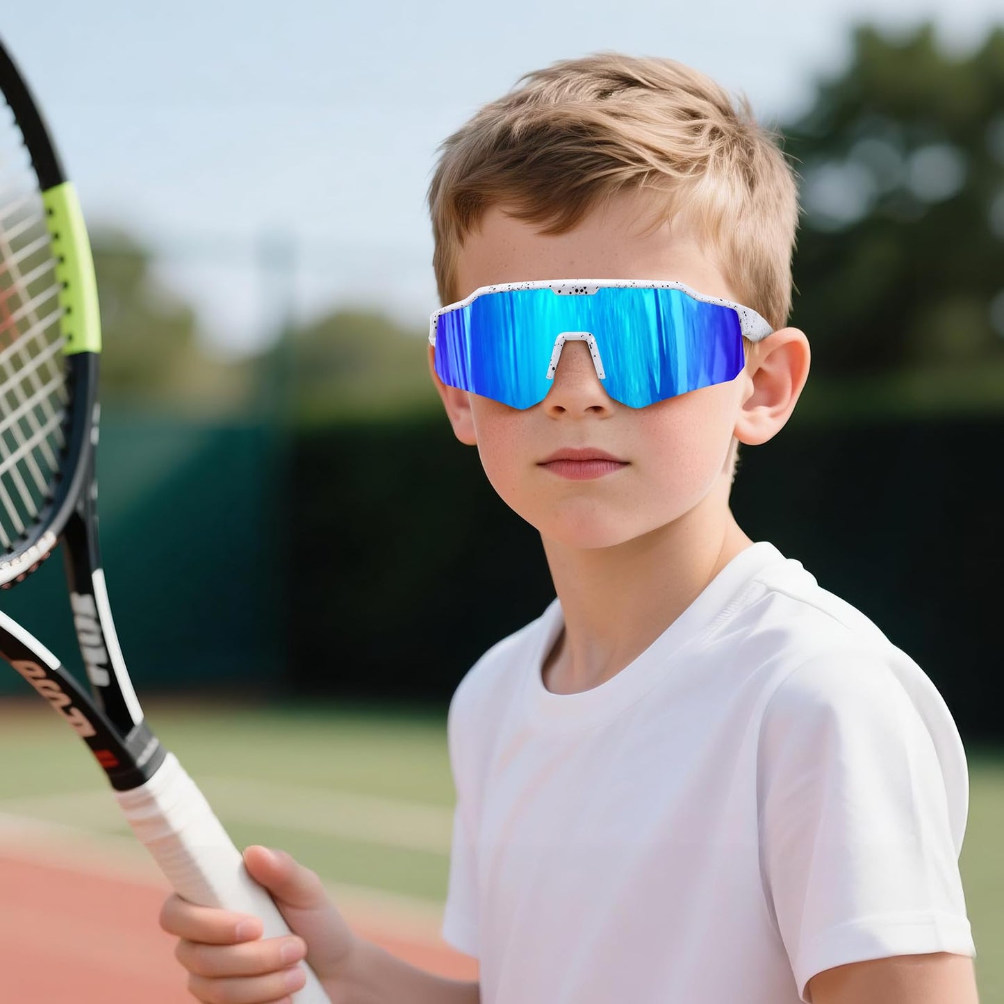 Ofwin Polarized Youth Sports Sunglasses for Boys Girls Kids Baseball Sunglasses Softball Cycling Running Age 5-15 White Frame/Ice Blue Mirror Lens
