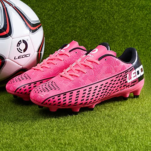 LEOCI Men’s & Women’s Soccer Cleats for Firm Ground Rose Red/Black – 6 Women / 4.5 Men