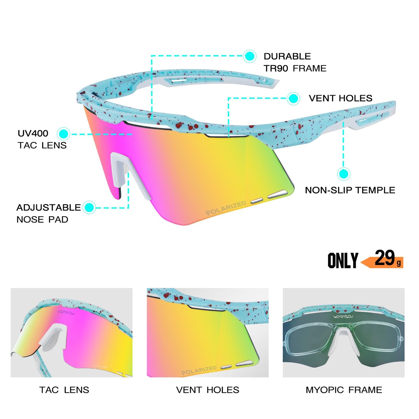 VOZAPOW Sports Sunglasses for Men Women, Polarized Cycling Glasses Baseball Sunglasses UV Protection for Running MTB Softball