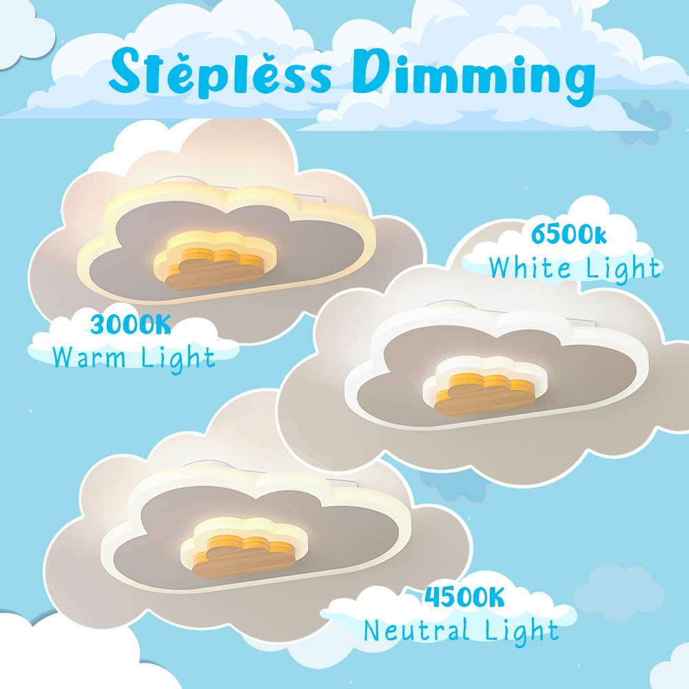 LED Wood Cloud Cartoon Kids Ceiling Light 23.62in - 3000-6500K with Nightlight - Bedroom Nursery Lamps for Girls & Boys