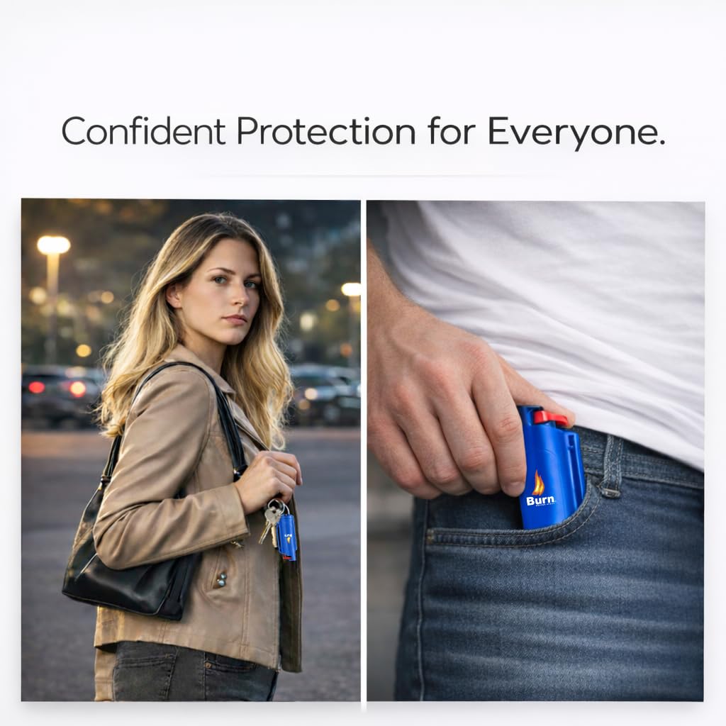 Burn Pepper Spray Keychain for Self Defense, 1/2oz Compact OC Spray for Women & Men, Police Grade with UV Dye, 16 Ft Range, Twist Top Safety Lock, Belt Clip, Pocket Personal Safety, Blue