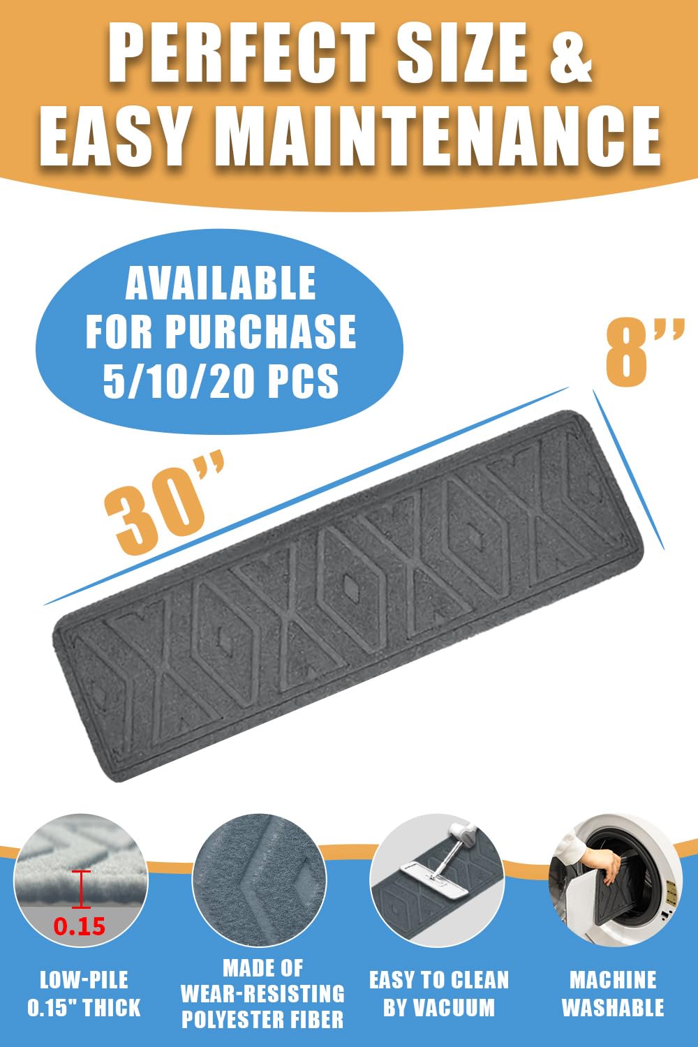 5 PCS 8”x30” Stair Treads Non-Slip for Wooden Steps, Peel and Stick Stair Carpet Indoor, Washable Step Treads with Reusable Adhesive 5PCS (Grey)