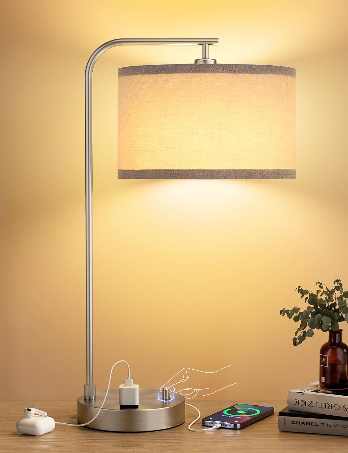 Dimmable Tall Table Lamp with USB Port & Outlet - Linen Shade Bedside Desk Lamp for Bedroom, Living Room, Home Office