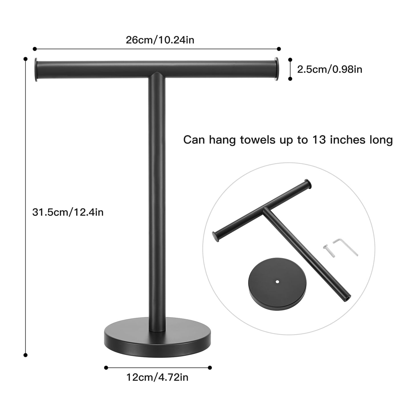 Zitalupy T-Shape Bath Hand Towel Holder Standing, SUS304 Stainless Steel Matte Black T-Shape Towel Bar Rack Stand with Heavy Base, Tower Bar for Bathroom Kitchen & Countertop