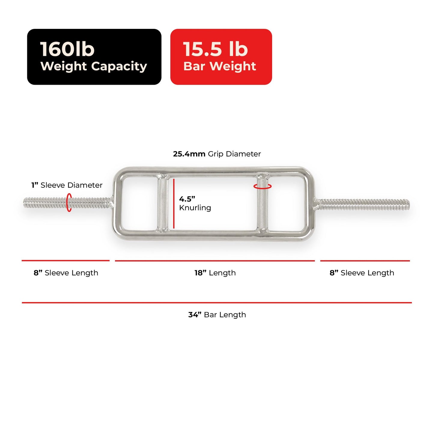 Sunny Health & Fitness 34" Standard Tricep Bar – 1" Plate Compatible, 25 mm Knurled Grip, Chrome Finish, Star-Lock Collars, 160 lb Capacity - SF-SB02-34
