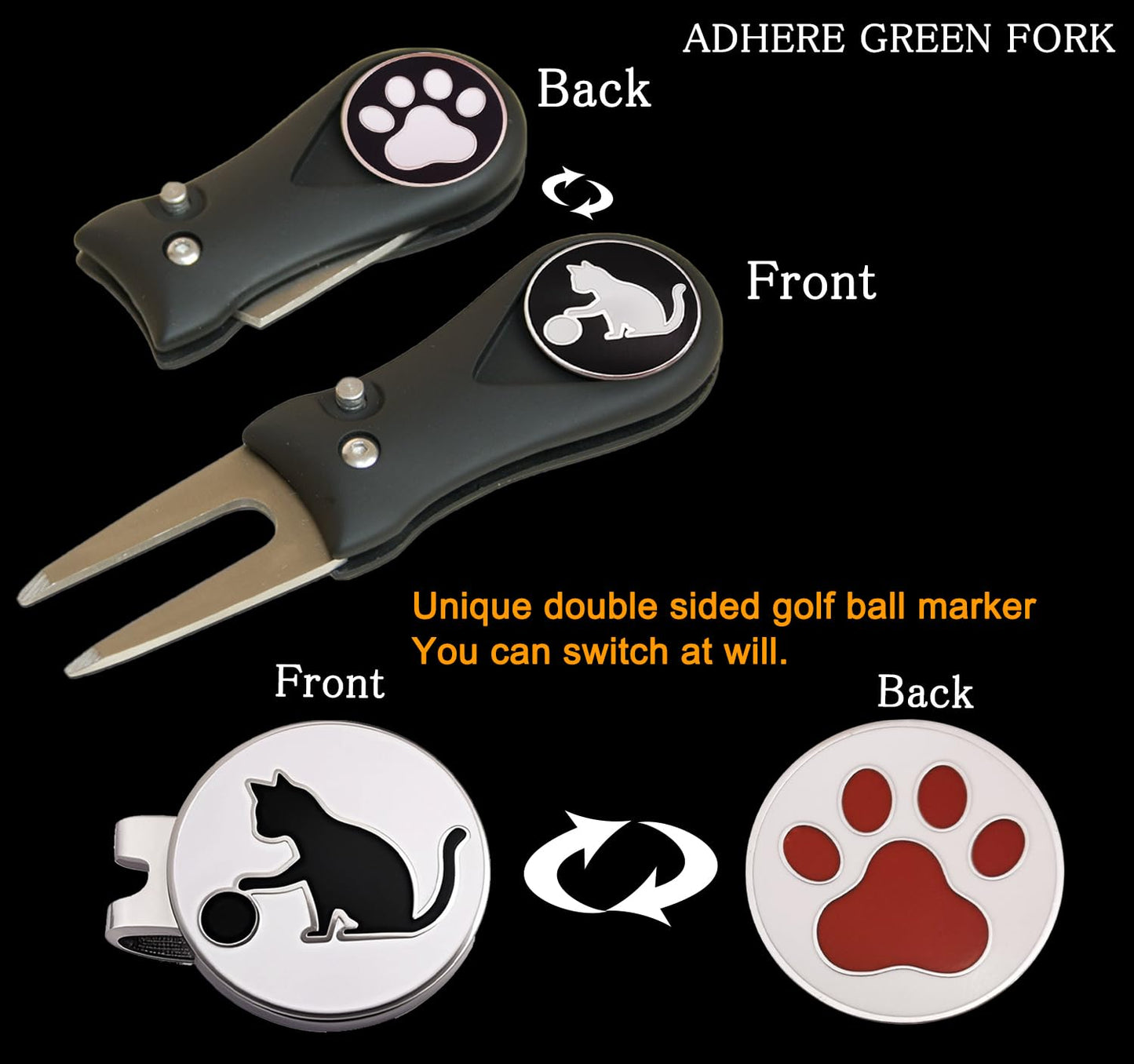 Adhere Golf Ball Markers Personlized Double Side Cute cat Logo Enamel with A Magnetic Hat Clips,A Premium Golf Gifts. (A-Ball Markers & Divot Tool Gift Set)