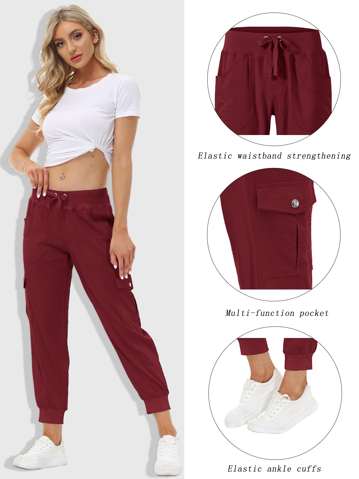 MoFiz Hiking Cargo Pants for Women with Pockets Lightweight Quick Dry Athletic Outdoor Summer Travel Casual Joggers Sweatpants Wine Red 2XL