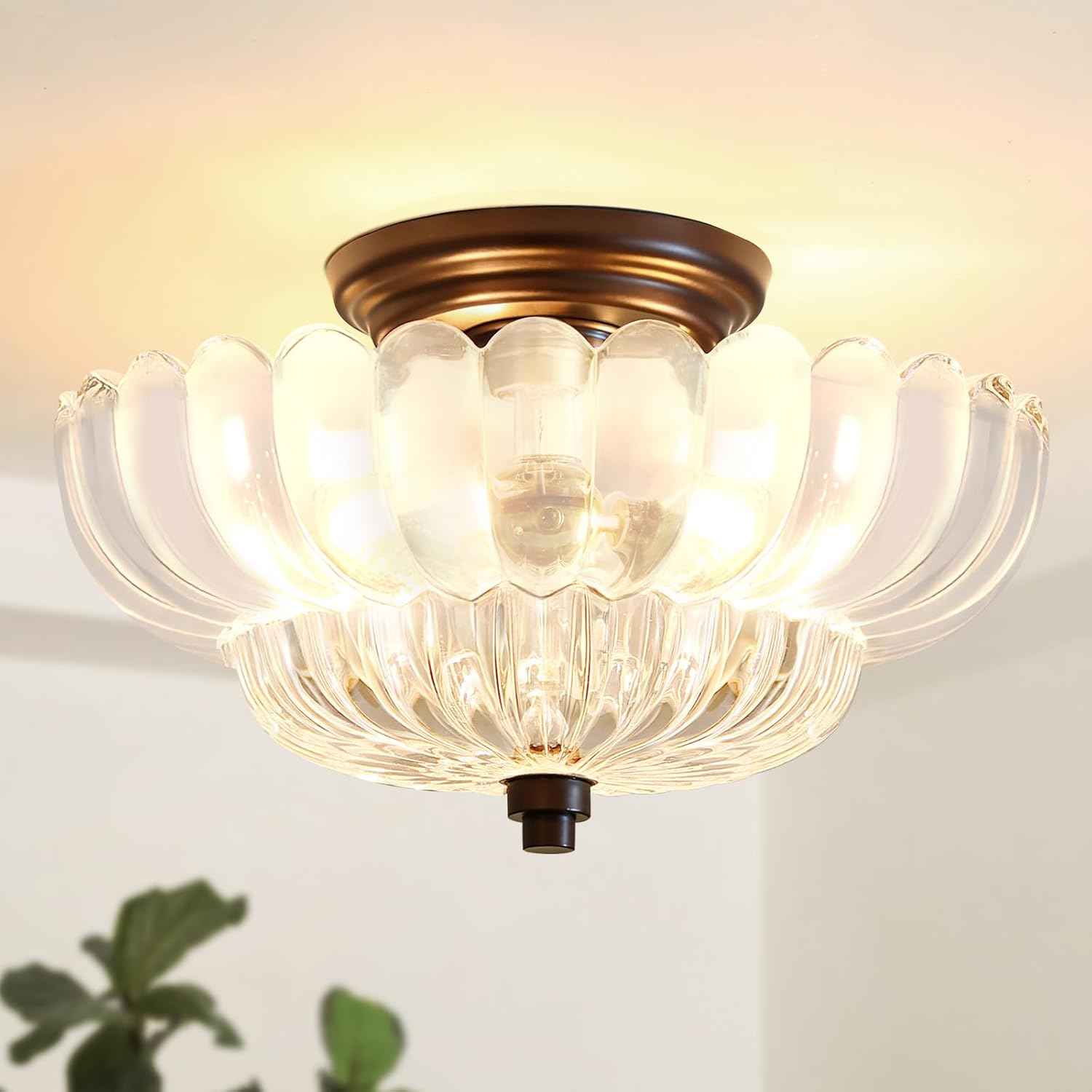 Modern Semi Flush Mount Ceiling Light Fixture with Brown Glass & Black Base - Ideal for Living Room, Kitchen, Bedroom, Hallway (Bulb Not Included)