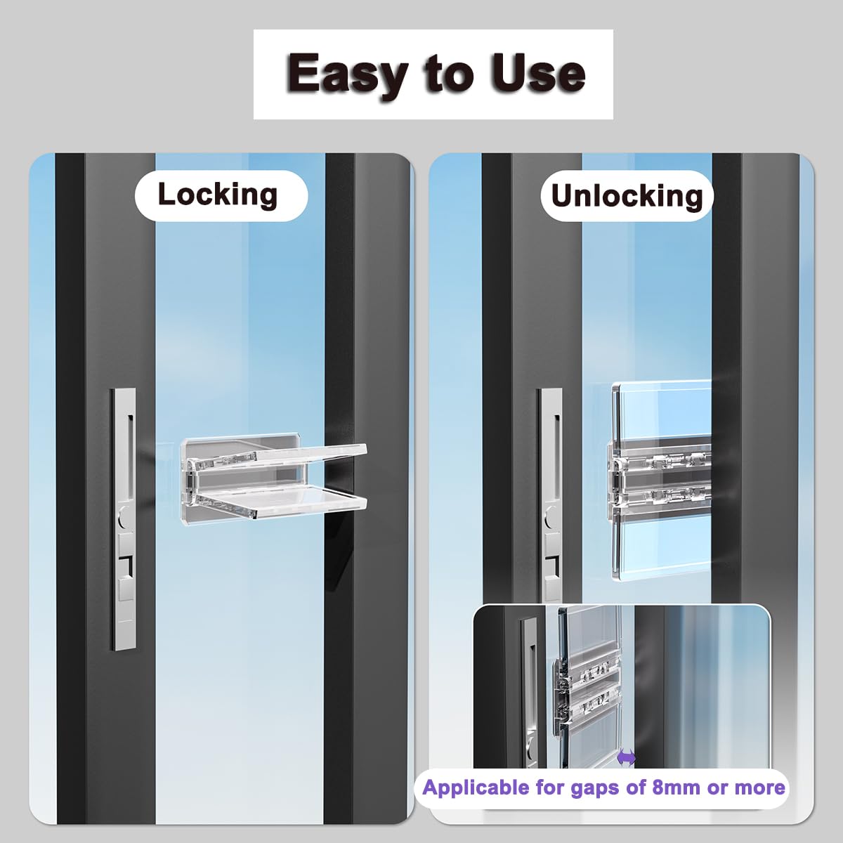 Sliding Door Lock for Child Proofing 4 Pack, Child Safety Patio Door Locks for Sliding Glass Door, Adhesive Window Door Stopper for Kids and Baby Proofing. Security Windows Locks for Toddler and Pet