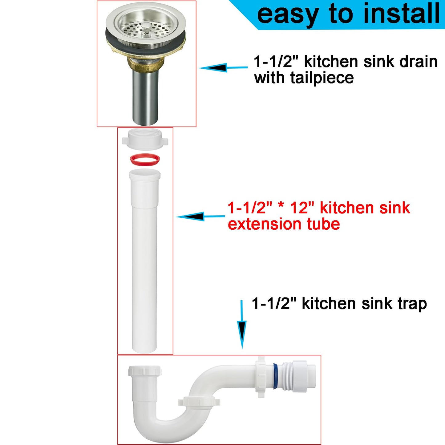 (1 Pack) Yariwiz White Sink Drain Extension Thread Pipe1 1/2 Inch x 12 inch Length for Kitchen Sink Drain Pipe Tubular KSD-005W