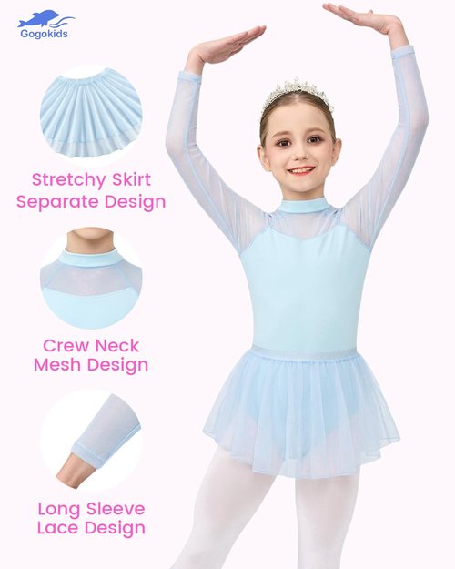 Gogokids Ballet Leotards for Girls Long Sleve Lace Dance Leotards Toddler Dance Dress with Removable Skirt Combo for 3-12 Years
