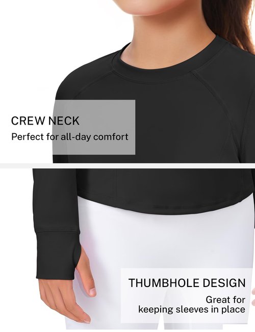JOCMIC Girls Long Sleeve Shirts Athletic Shirt with Thumbholes Kids Crew Neck Basic Tee Tops for Sports Gym Yoga Black 11-12 Years