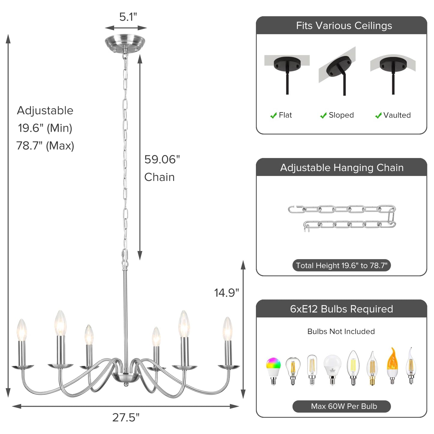 YCZHCC 27.5'' Brushed Nickel Chandelier, 6-Light Farmhouse Chandelier for Dining Room Lighting Fixture, Rustic Industrial Modern Candle Chandelier for Bedroom, Kitchen, Living Room, Foyer, Hallway