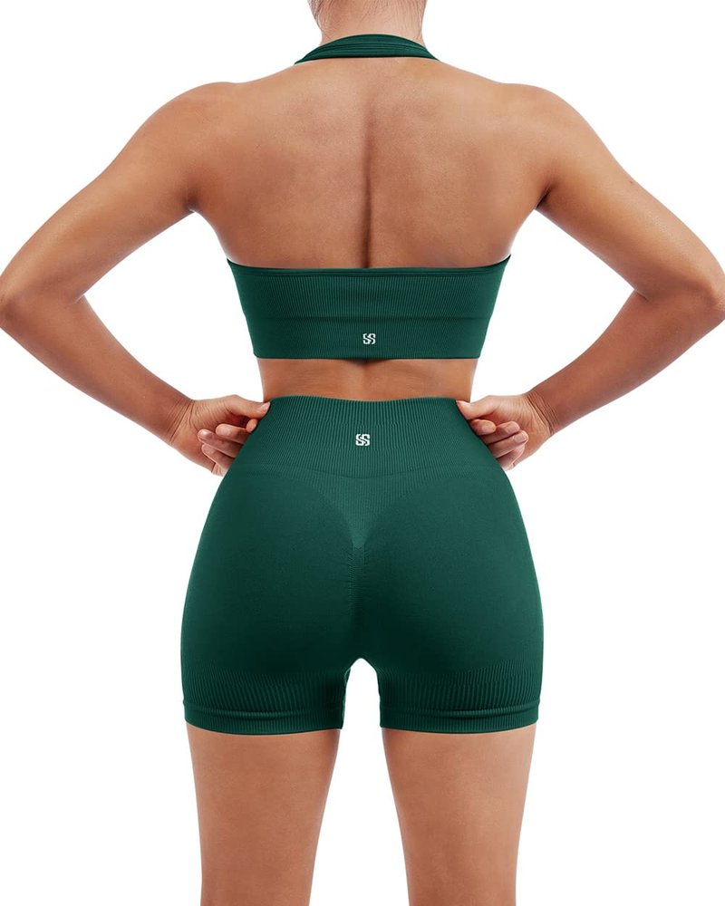 SUUKSESS Women Two Piece Seamless Ribbed Workout Sets Outfits Backless Halter Sports Bra Booty Biker Shorts (Dark Green, M)