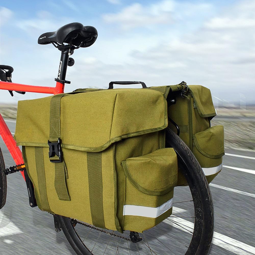 UNISTRENGH Bike Panniers Double Side Tail Bag Waterproof Canvas Bike Rear Rack Bag Large Capacity Cargo Saddle Rack Trunk Equipment Pack for Mountain Bike Riding Cycling (Military Green_50L)
