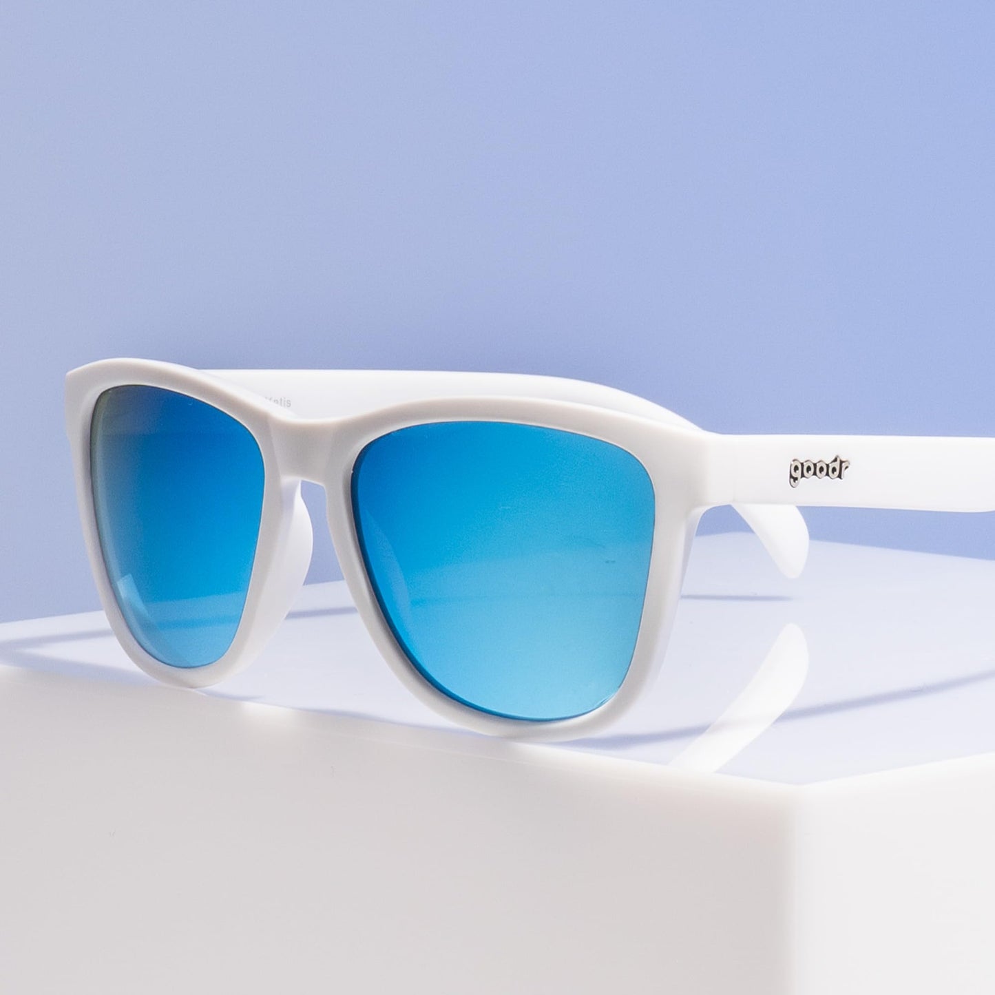 goodr Iced By Yetis Polarized Sunglasses for Men & Women, White Solid Frame with Blue Reflective Lens, UV400 Protection, No Slip