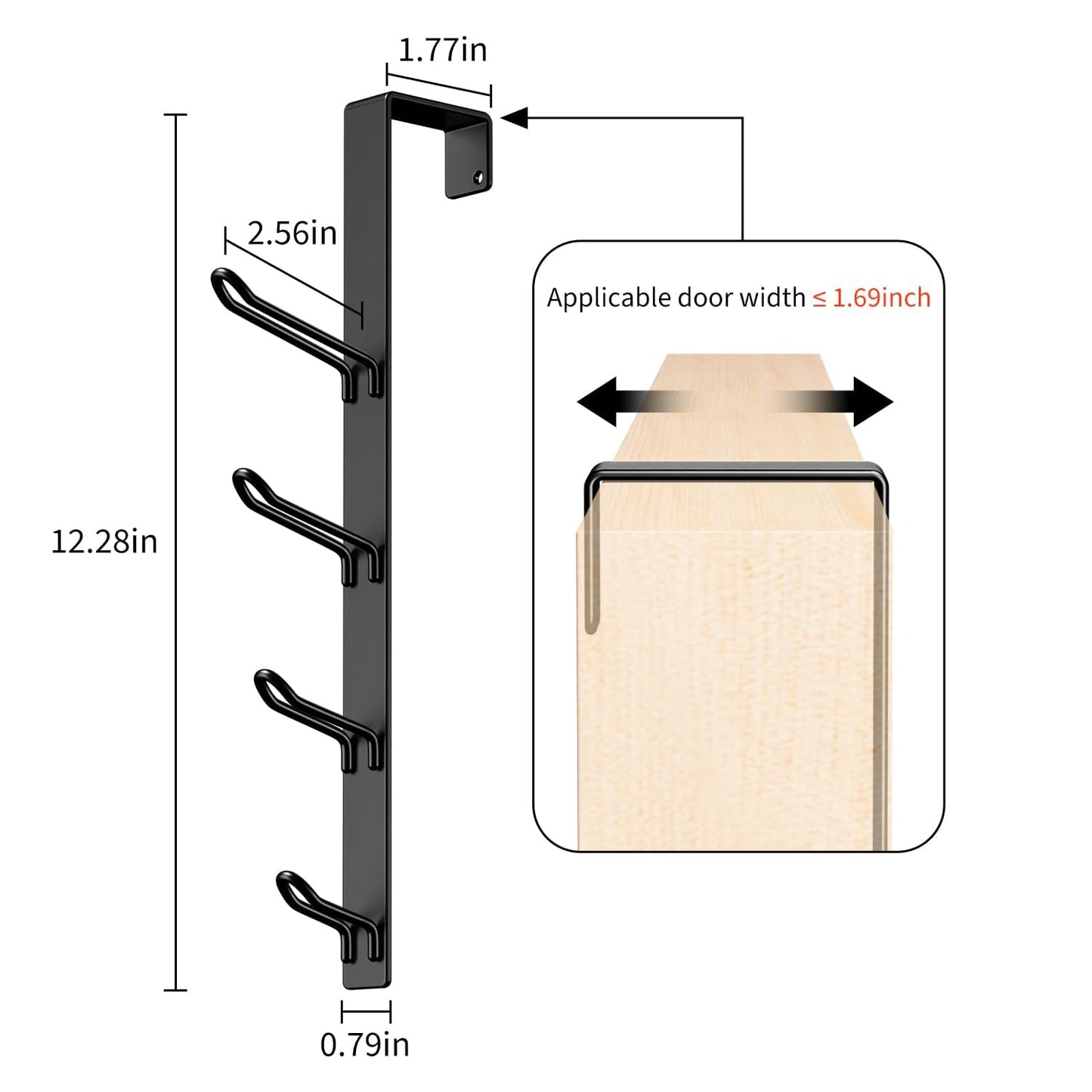 niffgaff 16 Hook Over The Door Hooks, Vertical Over The Door Towel Rack, Over Door Hook, Over The Door Hanger, for Towel and Clothes Hangers, Black, 4 Pack,12.28'',for 1.7'' Door